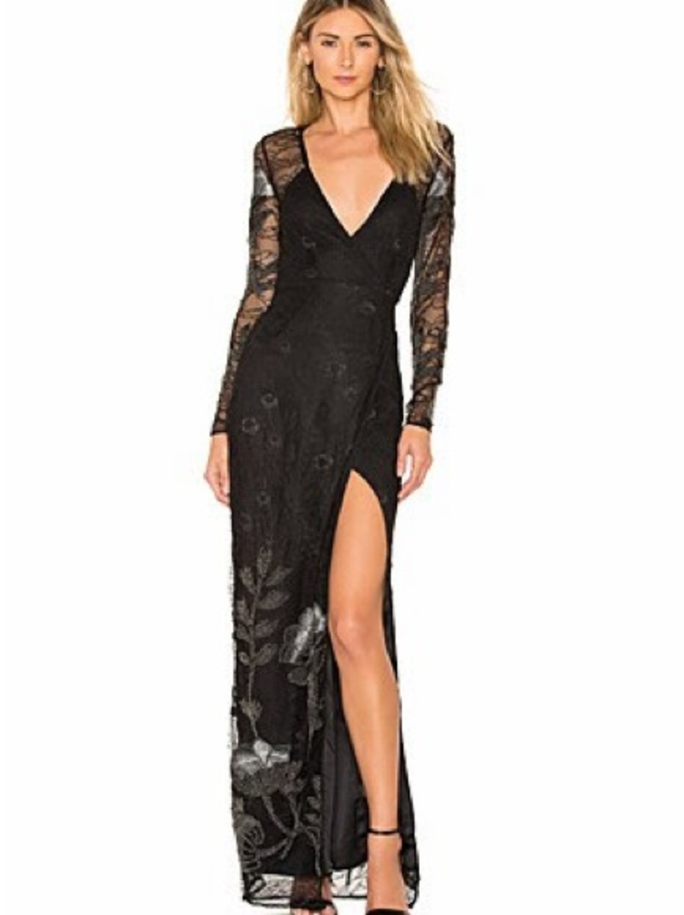 Black Lace Long Sleeve V-Neck Evening Gown w/ Thigh Slit & Sheer Sleeves XXS